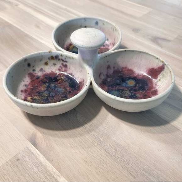Handmade Studio Pottery Triple Bowl Dish – Abstract Glaze, Unique Serveware - Picture 5 of 12